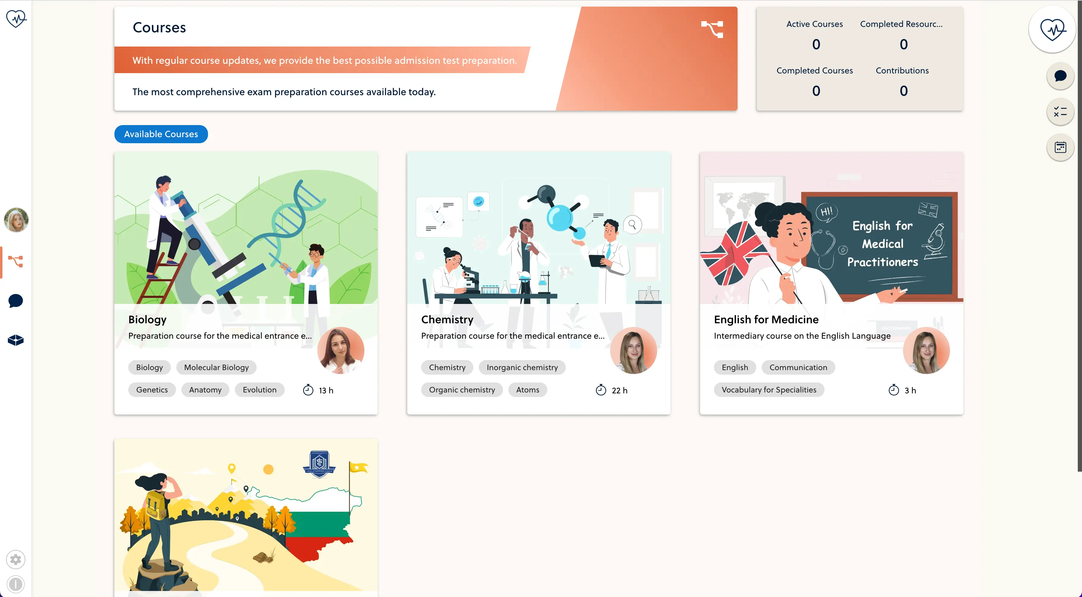 Screenshot of the Medimentor online learning platform preparing you for medical university entrance exams in Europe